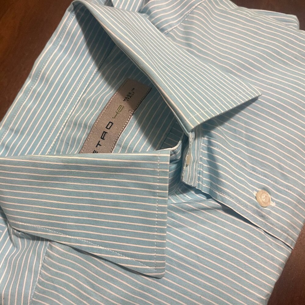Etro mens dress shirt 42 16.5 Large Blue white stripe Business italy